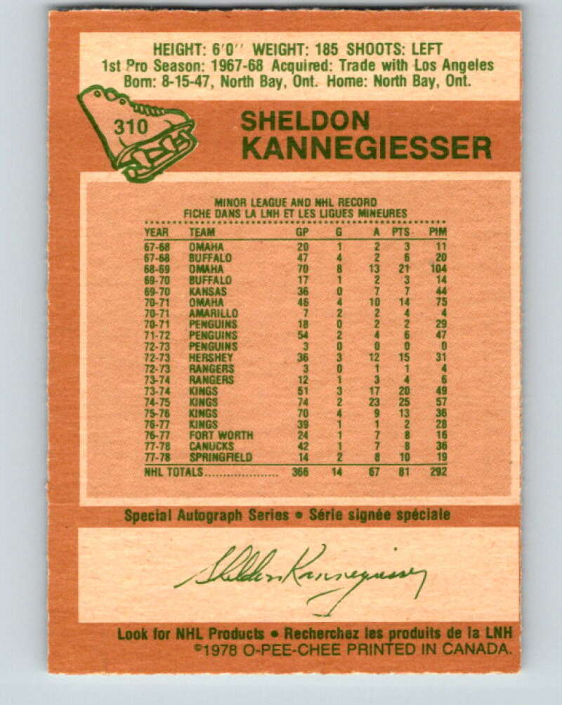 1978-79 O-Pee-Chee #310 Sheldon Kannegiesser Canucks V25224