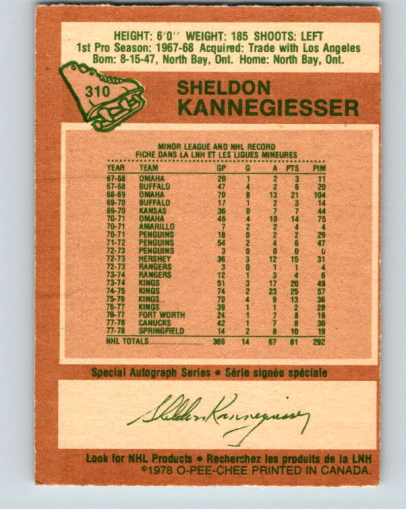 1978-79 O-Pee-Chee #310 Sheldon Kannegiesser Canucks V25228