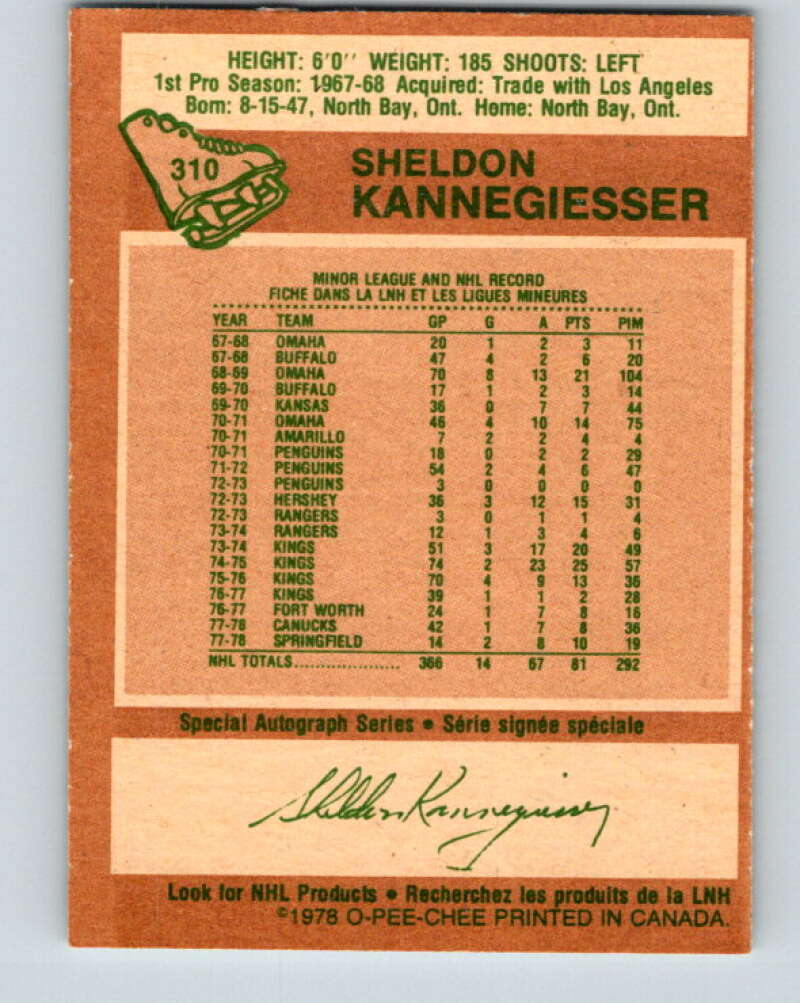 1978-79 O-Pee-Chee #310 Sheldon Kannegiesser Canucks V25234