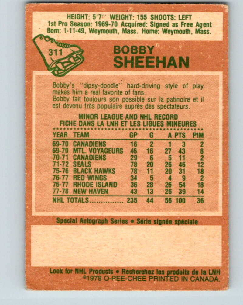 1978-79 O-Pee-Chee #311 Bobby Sheehan Minnesota North Stars V25249