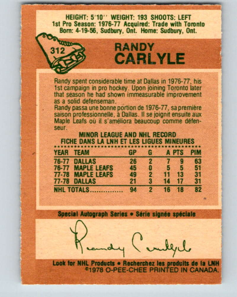 1978-79 O-Pee-Chee #312 Randy Carlyle RC Rookie Penguins V25255