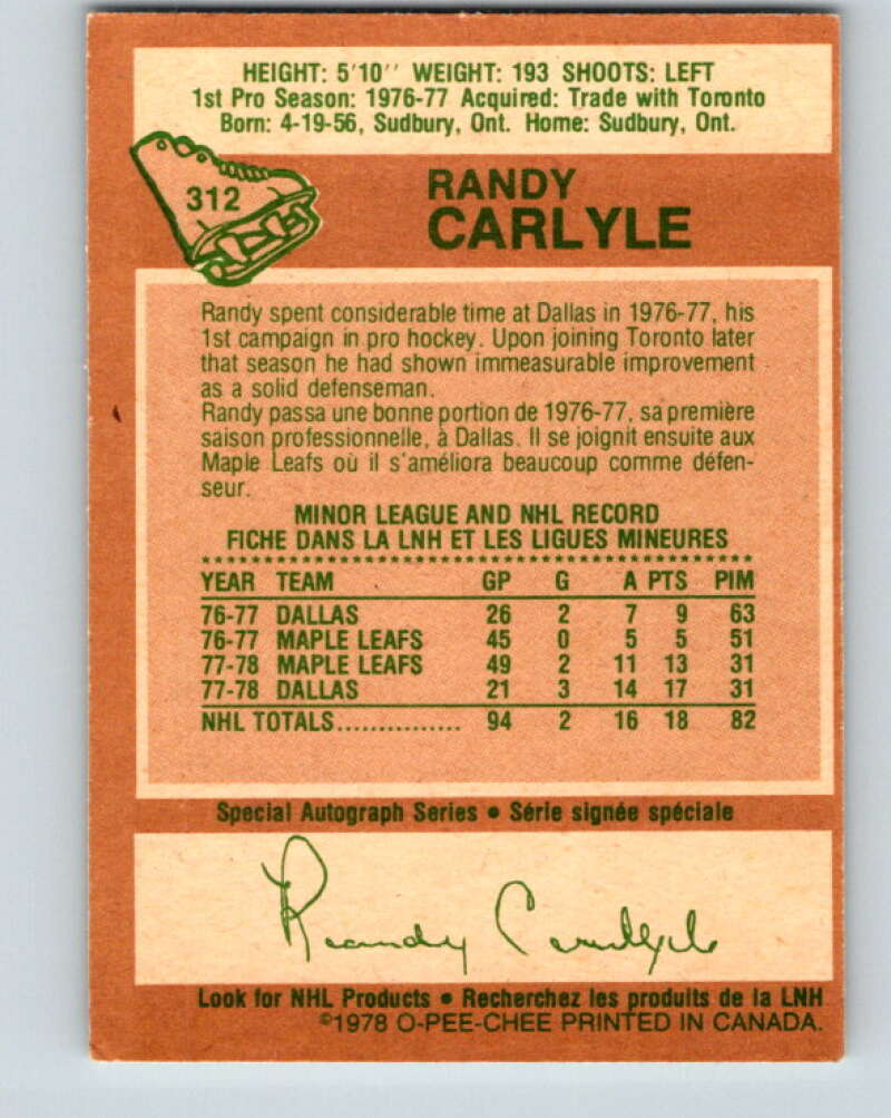 1978-79 O-Pee-Chee #312 Randy Carlyle RC Rookie Penguins V25256