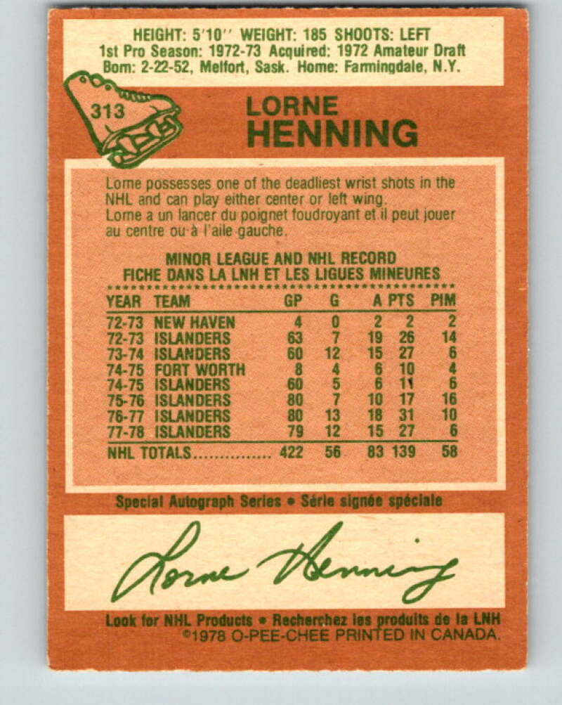 1978-79 O-Pee-Chee #313 Lorne Henning New York Islanders V25263