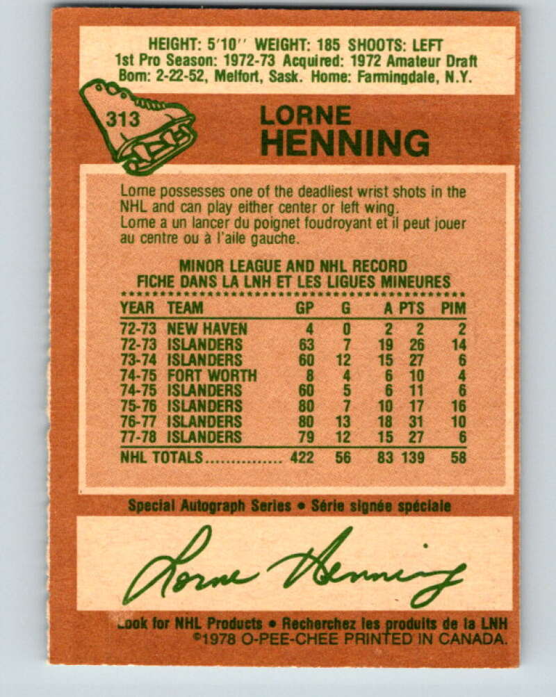1978-79 O-Pee-Chee #313 Lorne Henning New York Islanders V25264