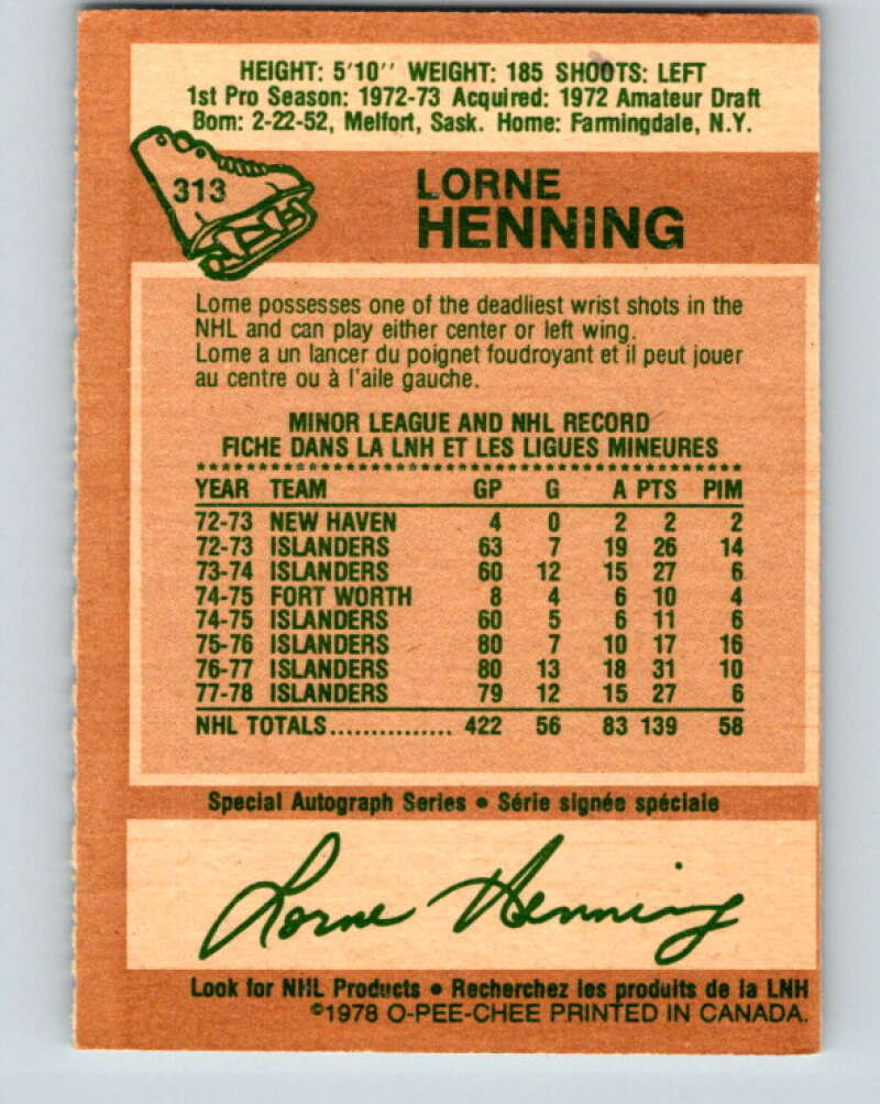 1978-79 O-Pee-Chee #313 Lorne Henning New York Islanders V25265