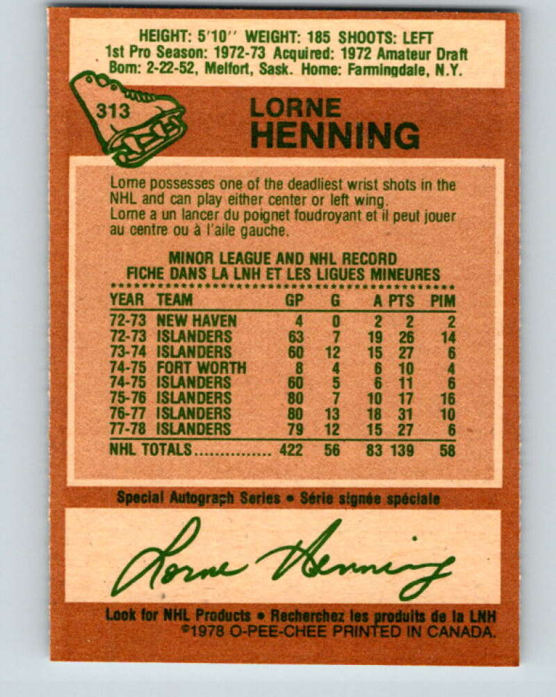 1978-79 O-Pee-Chee #313 Lorne Henning New York Islanders V25266