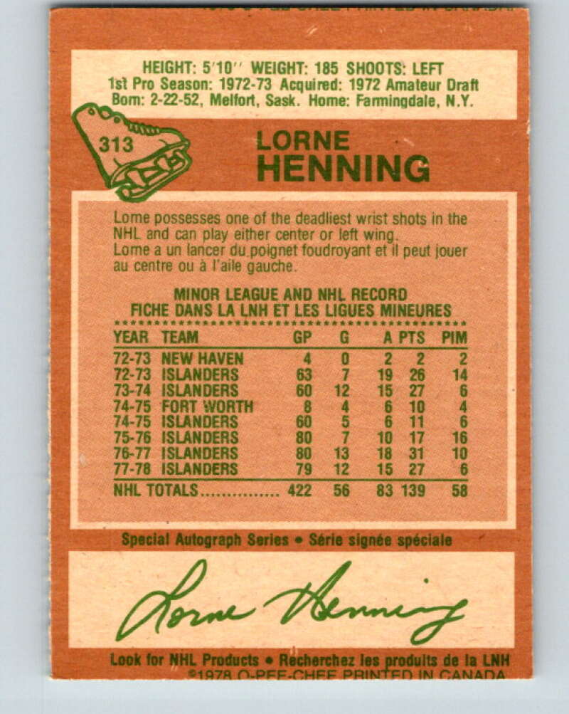 1978-79 O-Pee-Chee #313 Lorne Henning New York Islanders V25267