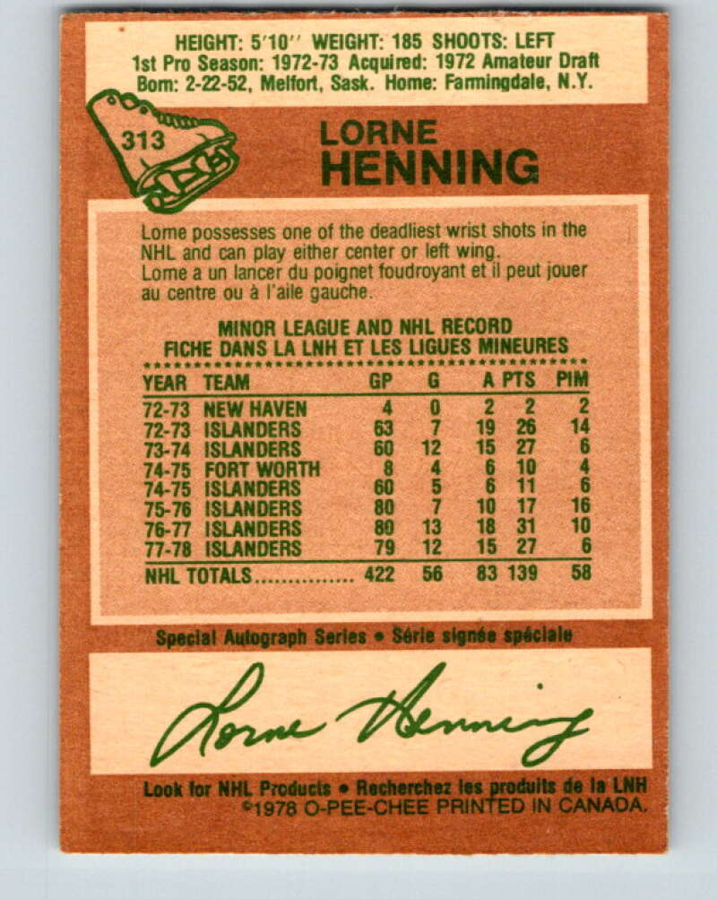 1978-79 O-Pee-Chee #313 Lorne Henning New York Islanders V25269