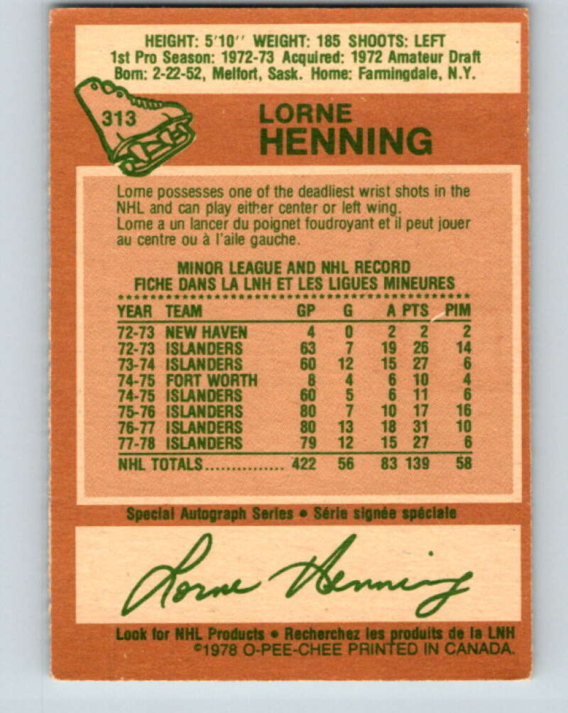 1978-79 O-Pee-Chee #313 Lorne Henning New York Islanders V25270
