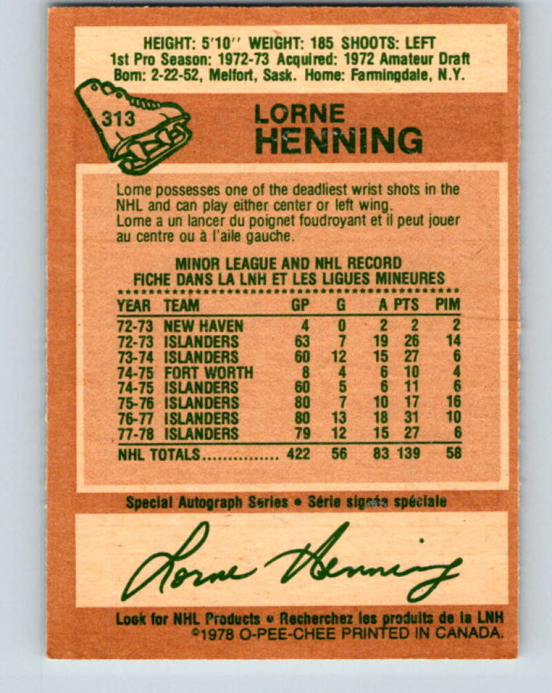 1978-79 O-Pee-Chee #313 Lorne Henning New York Islanders V25271