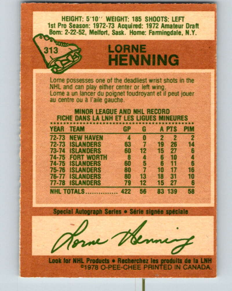 1978-79 O-Pee-Chee #313 Lorne Henning New York Islanders V25272
