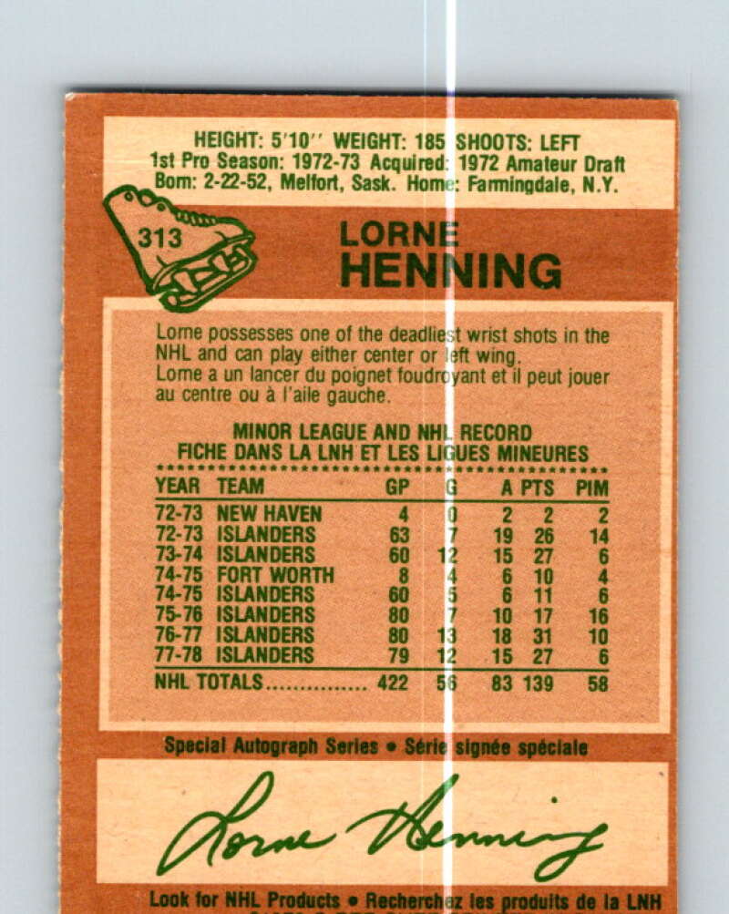 1978-79 O-Pee-Chee #313 Lorne Henning New York Islanders V25274