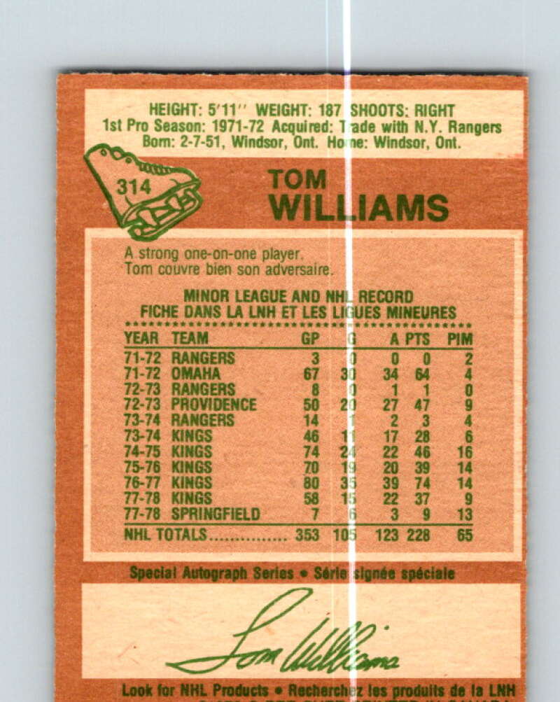 1978-79 O-Pee-Chee #314 Tom Williams Los Angeles Kings V25275