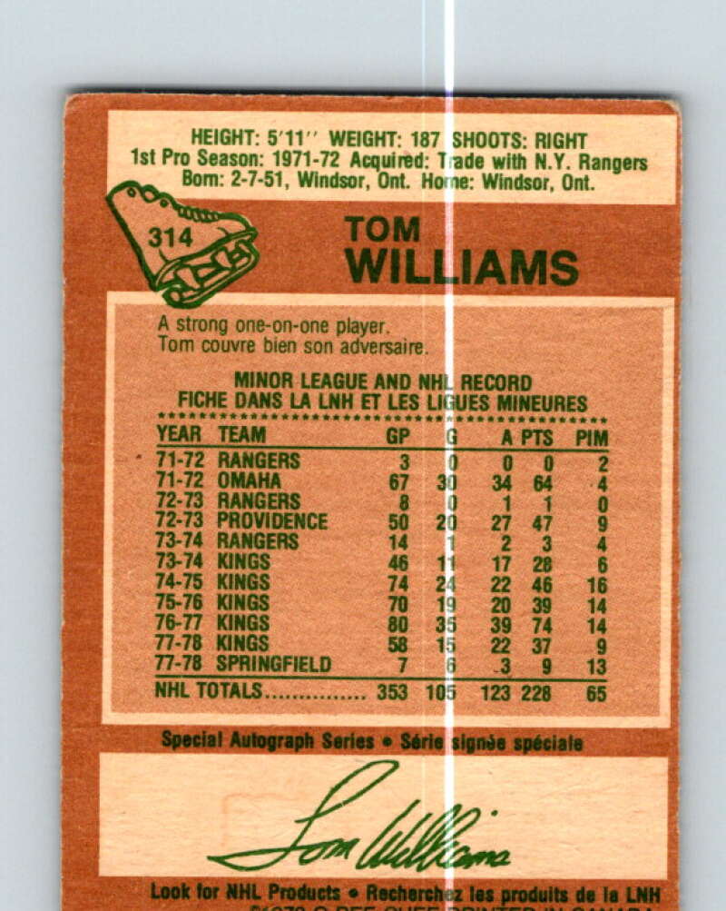 1978-79 O-Pee-Chee #314 Tom Williams Los Angeles Kings V25277