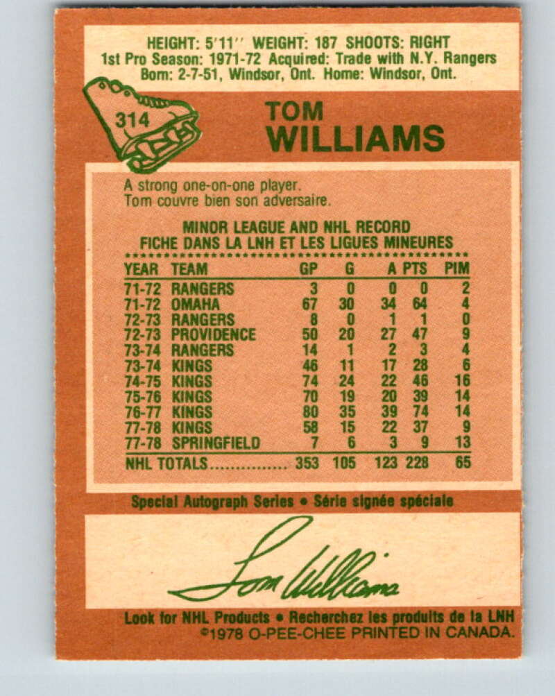 1978-79 O-Pee-Chee #314 Tom Williams Los Angeles Kings V25282