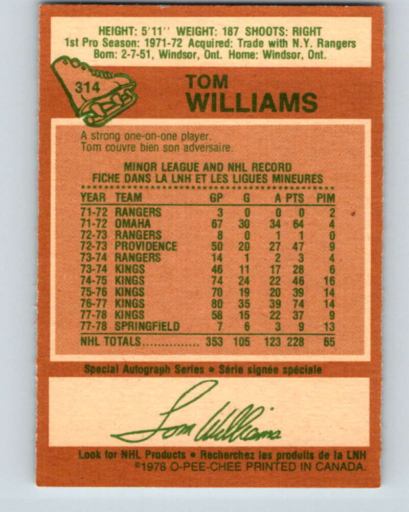 1978-79 O-Pee-Chee #314 Tom Williams Los Angeles Kings V25284