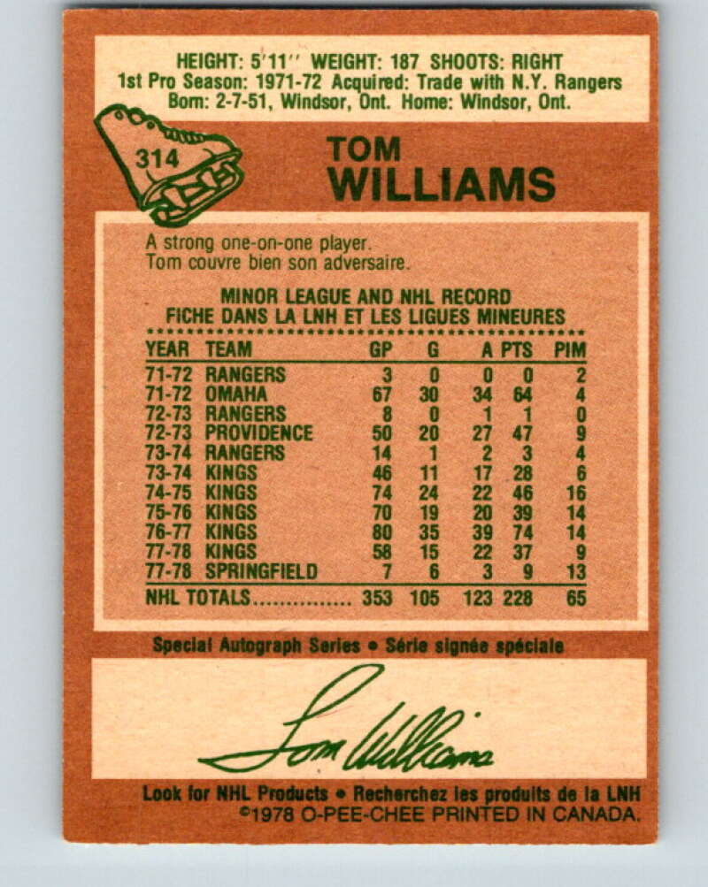 1978-79 O-Pee-Chee #314 Tom Williams Los Angeles Kings V25285