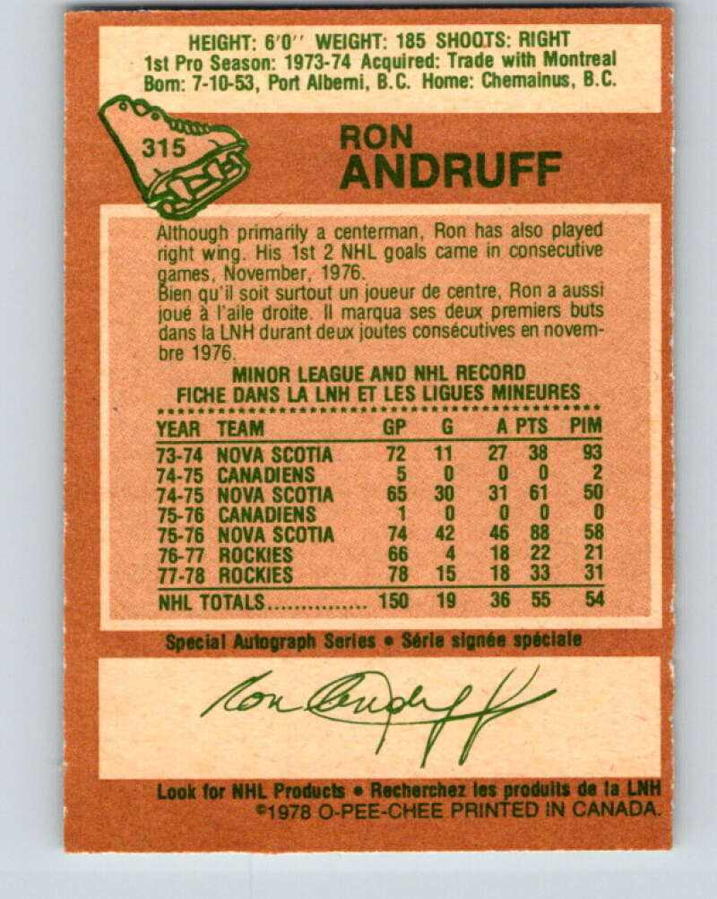 1978-79 O-Pee-Chee #315 Ron Andruff Colorado Rockies V25290