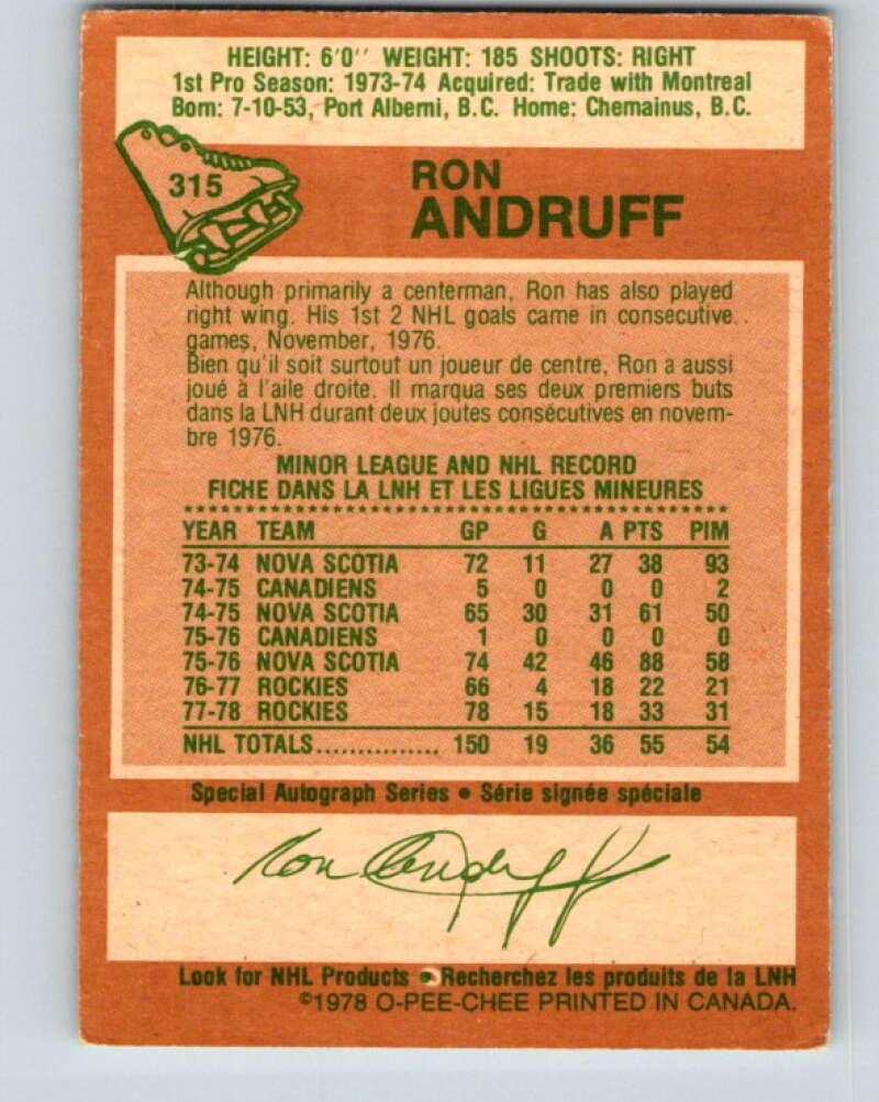 1978-79 O-Pee-Chee #315 Ron Andruff Colorado Rockies V25292