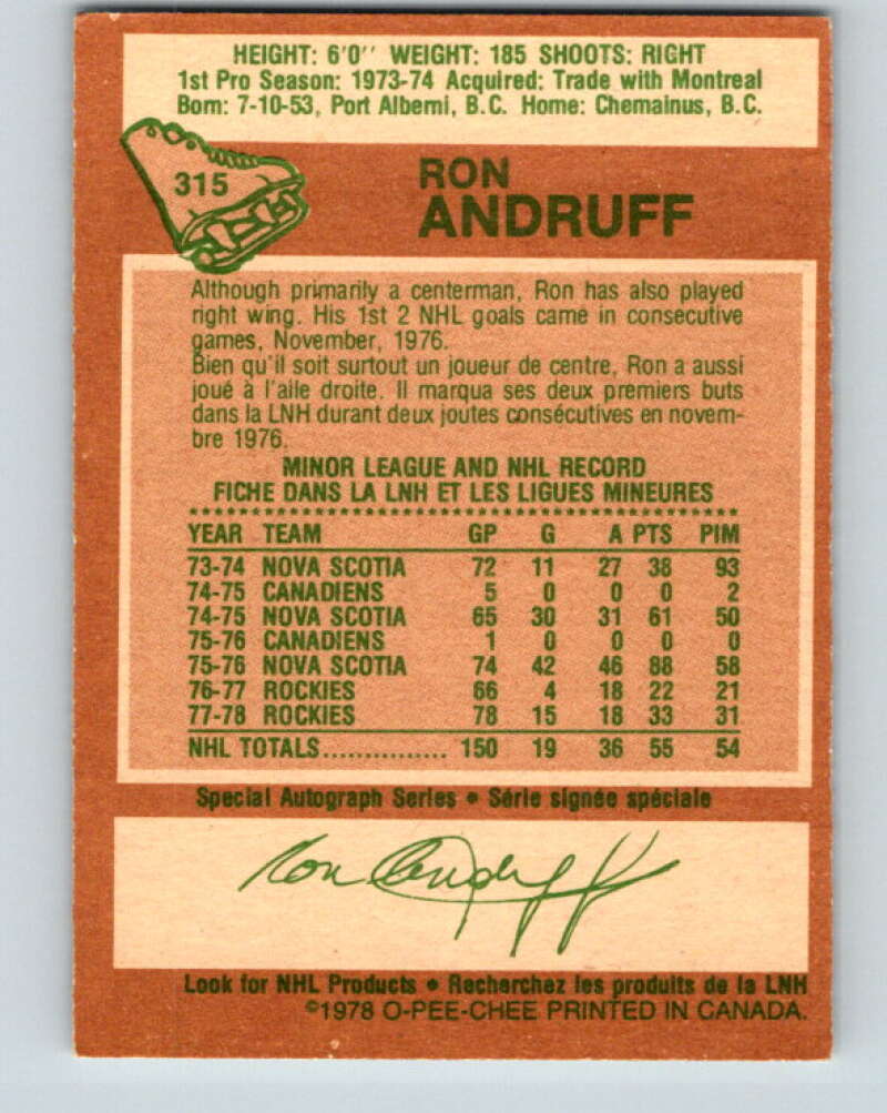 1978-79 O-Pee-Chee #315 Ron Andruff Colorado Rockies V25294