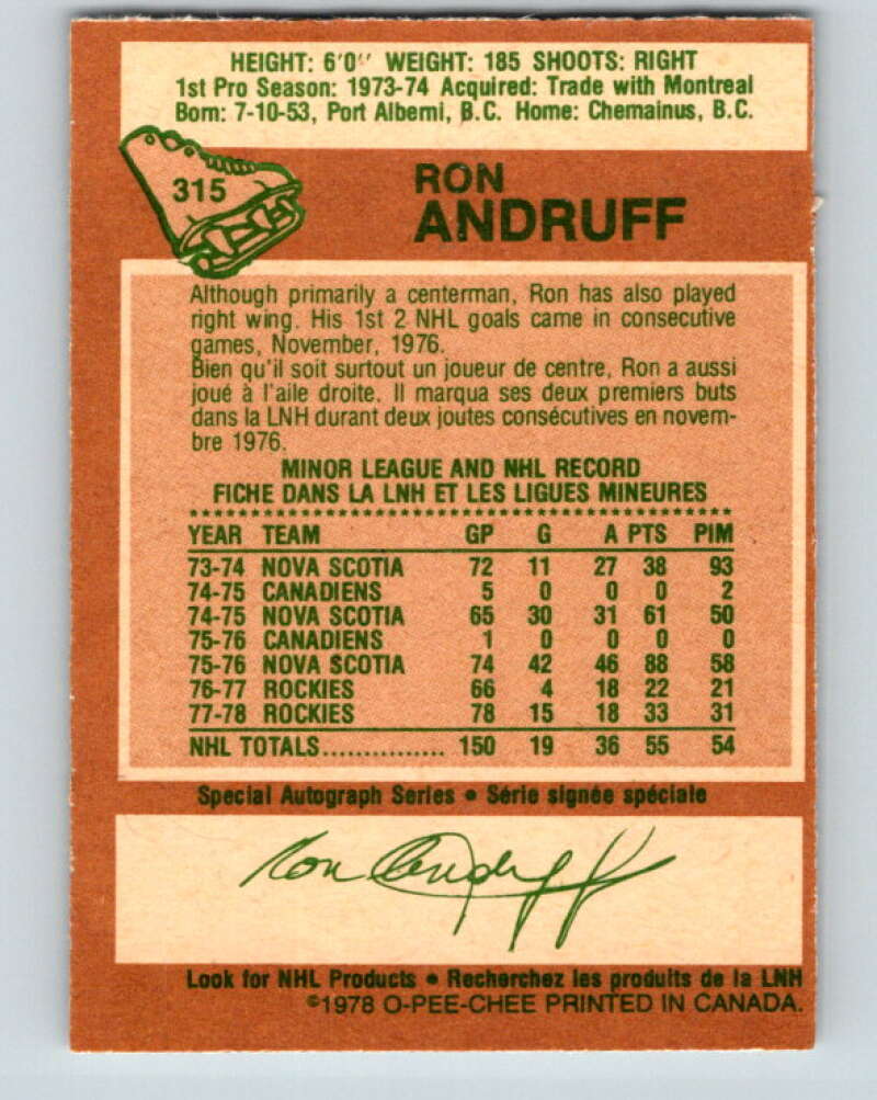 1978-79 O-Pee-Chee #315 Ron Andruff Colorado Rockies V25296