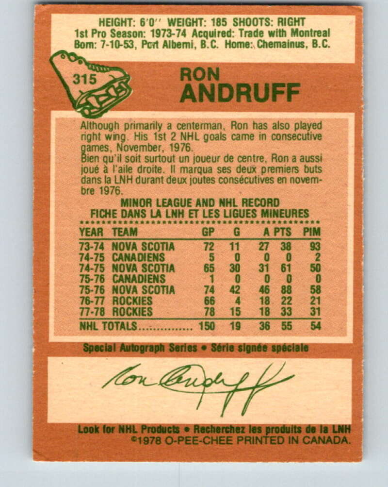 1978-79 O-Pee-Chee #315 Ron Andruff Colorado Rockies V25298