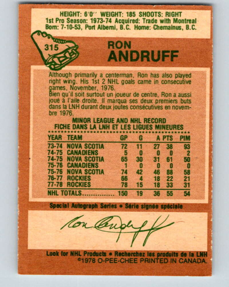 1978-79 O-Pee-Chee #315 Ron Andruff Colorado Rockies V25299