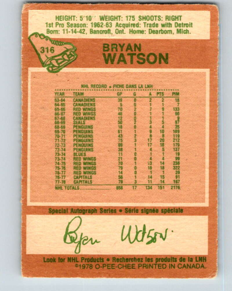 1978-79 O-Pee-Chee #316 Bryan Watson Washington Capitals V25303