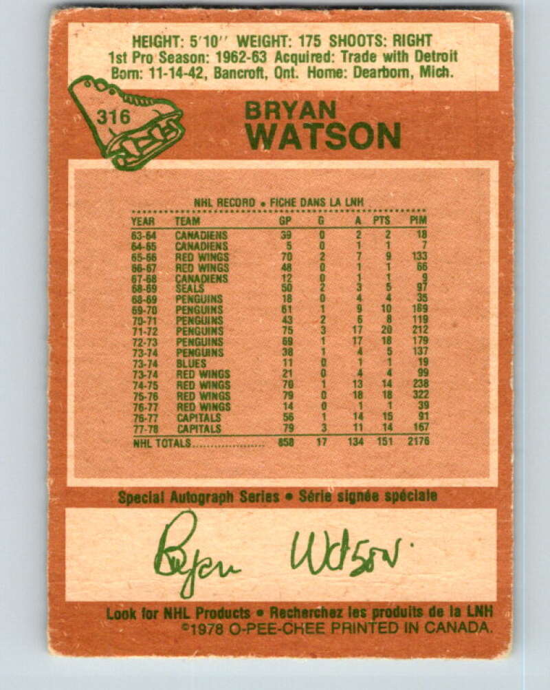 1978-79 O-Pee-Chee #316 Bryan Watson Washington Capitals V25304