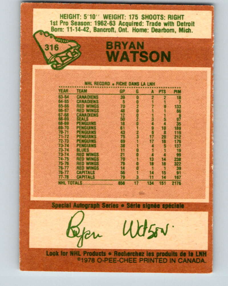 1978-79 O-Pee-Chee #316 Bryan Watson Washington Capitals V25306