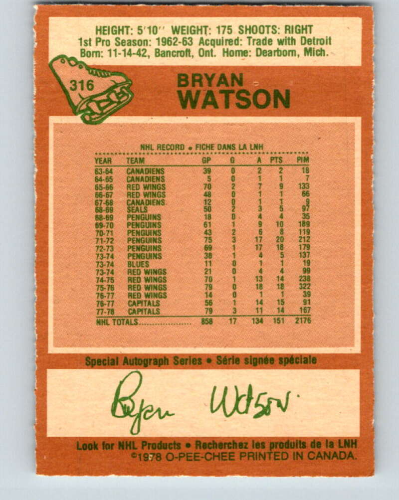 1978-79 O-Pee-Chee #316 Bryan Watson Washington Capitals V25309