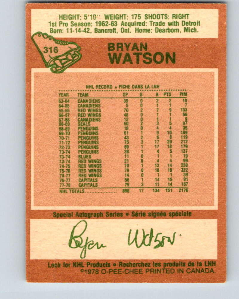 1978-79 O-Pee-Chee #316 Bryan Watson Washington Capitals V25310