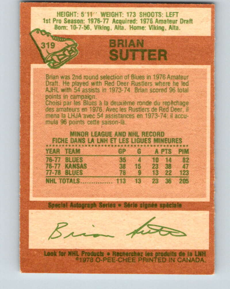 1978-79 O-Pee-Chee #319 Brian Sutter RC Rookie St. Louis Blues V25340