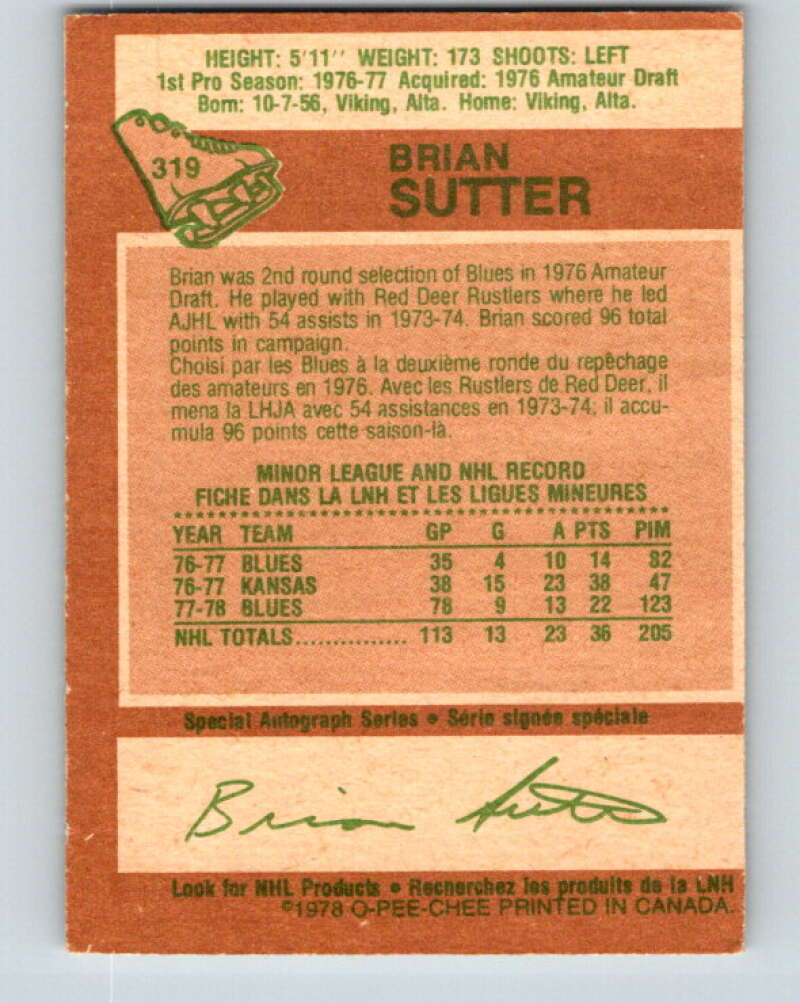 1978-79 O-Pee-Chee #319 Brian Sutter RC Rookie St. Louis Blues V25342