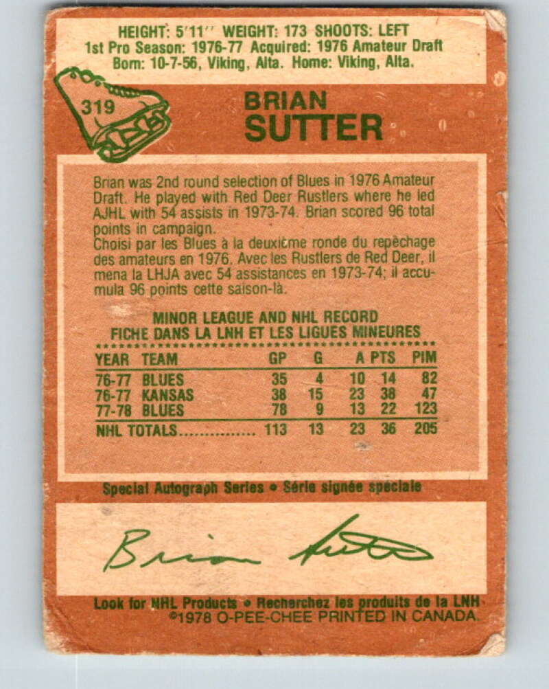 1978-79 O-Pee-Chee #319 Brian Sutter RC Rookie St. Louis Blues V25344