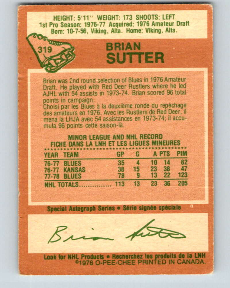1978-79 O-Pee-Chee #319 Brian Sutter RC Rookie St. Louis Blues V25345