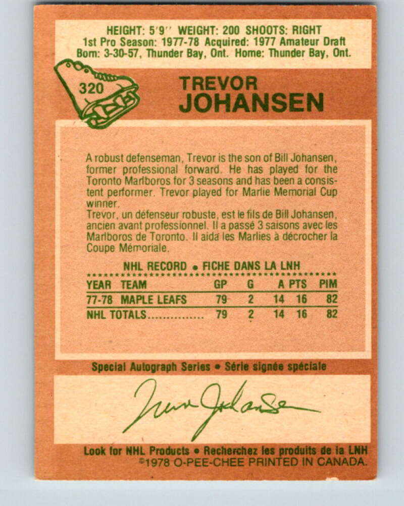 1978-79 O-Pee-Chee #320 Trevor Johansen RC Rookie Maple Leafs V25348