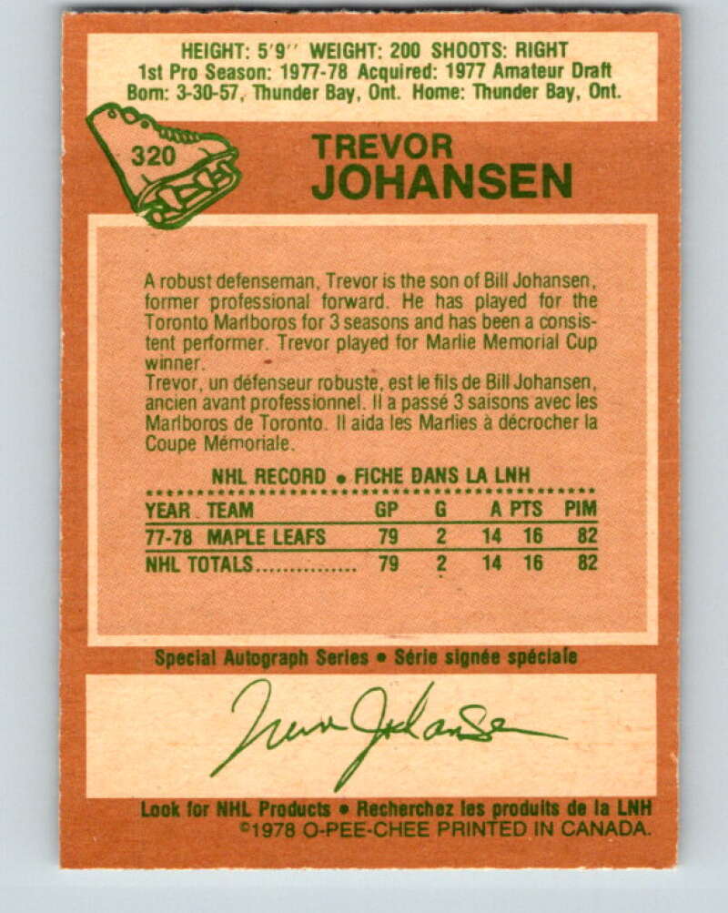 1978-79 O-Pee-Chee #320 Trevor Johansen RC Rookie Maple Leafs V25349