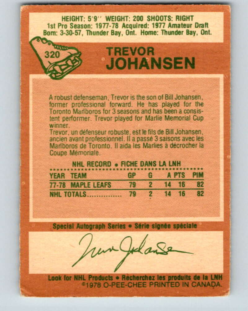 1978-79 O-Pee-Chee #320 Trevor Johansen RC Rookie Maple Leafs V25353