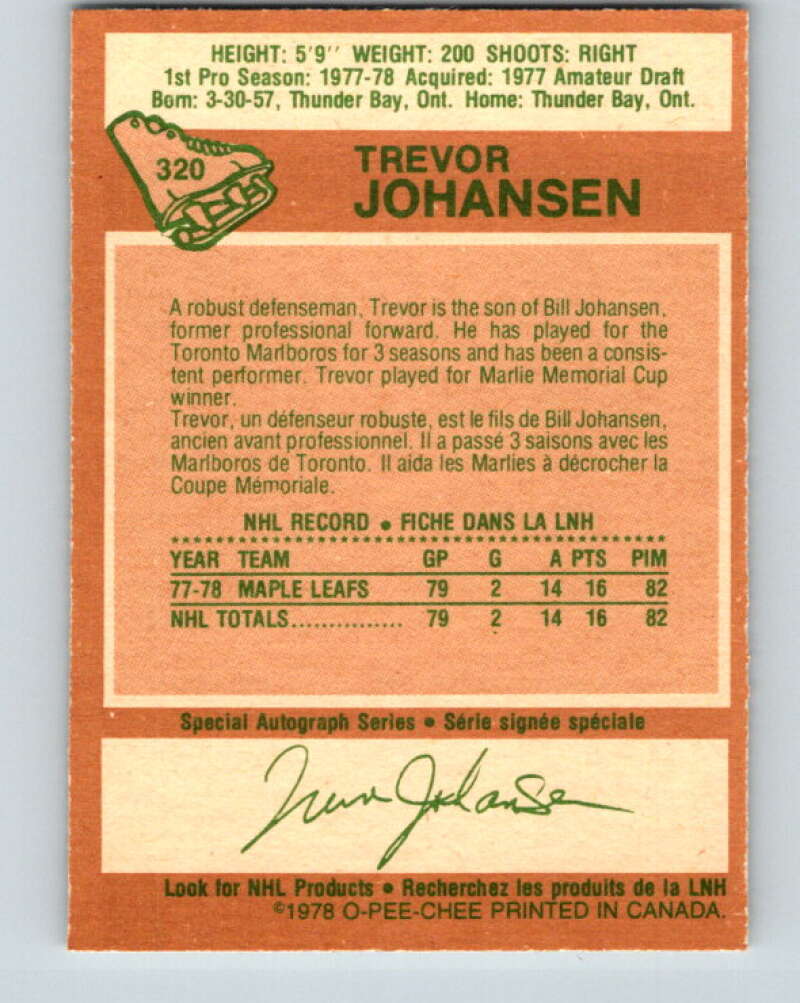 1978-79 O-Pee-Chee #320 Trevor Johansen RC Rookie Maple Leafs V25354