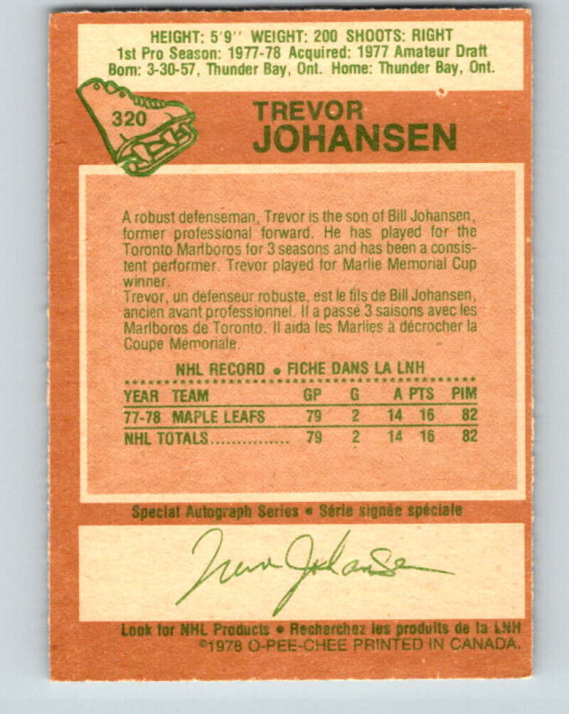 1978-79 O-Pee-Chee #320 Trevor Johansen RC Rookie Maple Leafs V25356