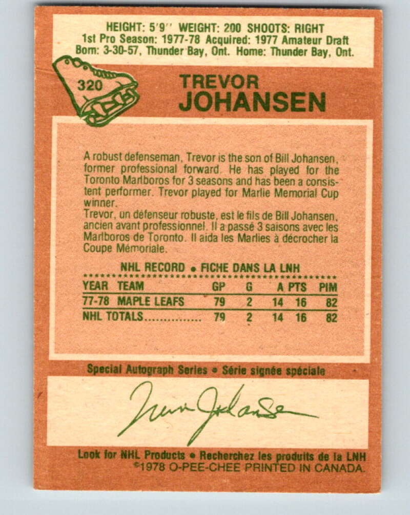 1978-79 O-Pee-Chee #320 Trevor Johansen RC Rookie Maple Leafs V25358