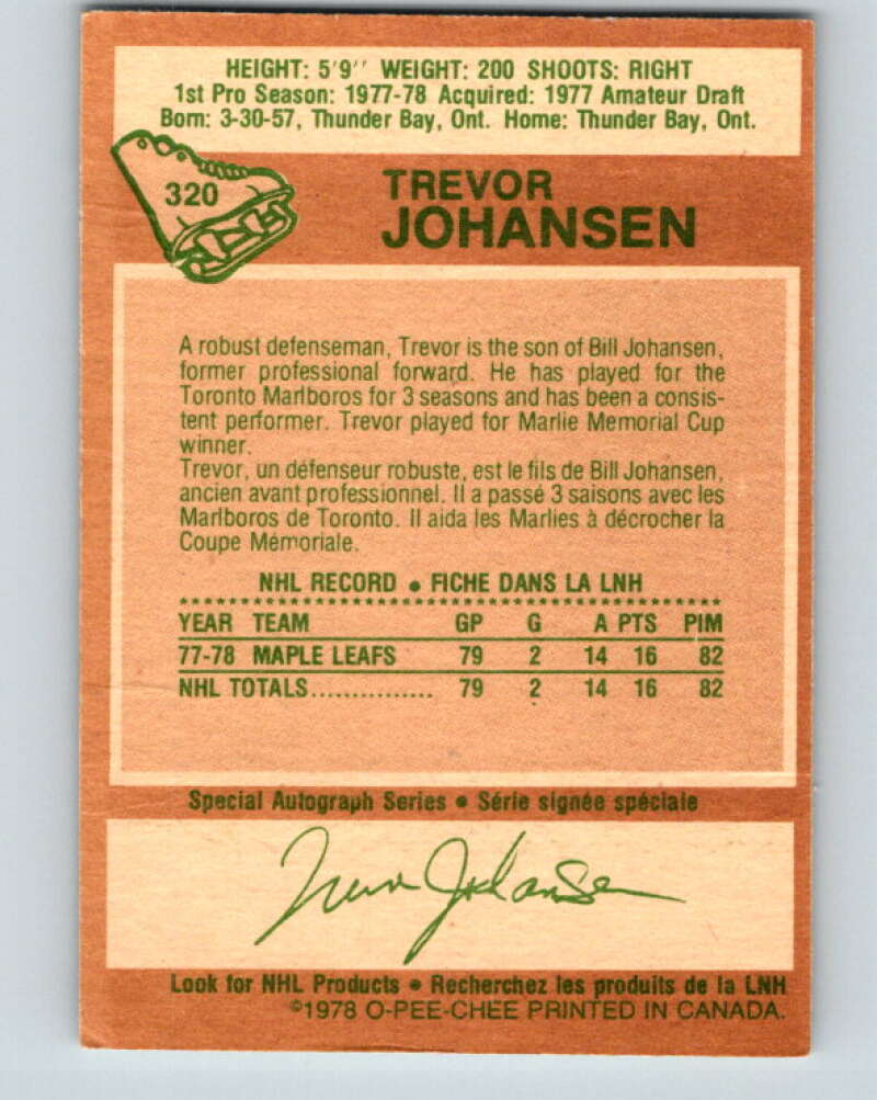 1978-79 O-Pee-Chee #320 Trevor Johansen RC Rookie Maple Leafs V25366