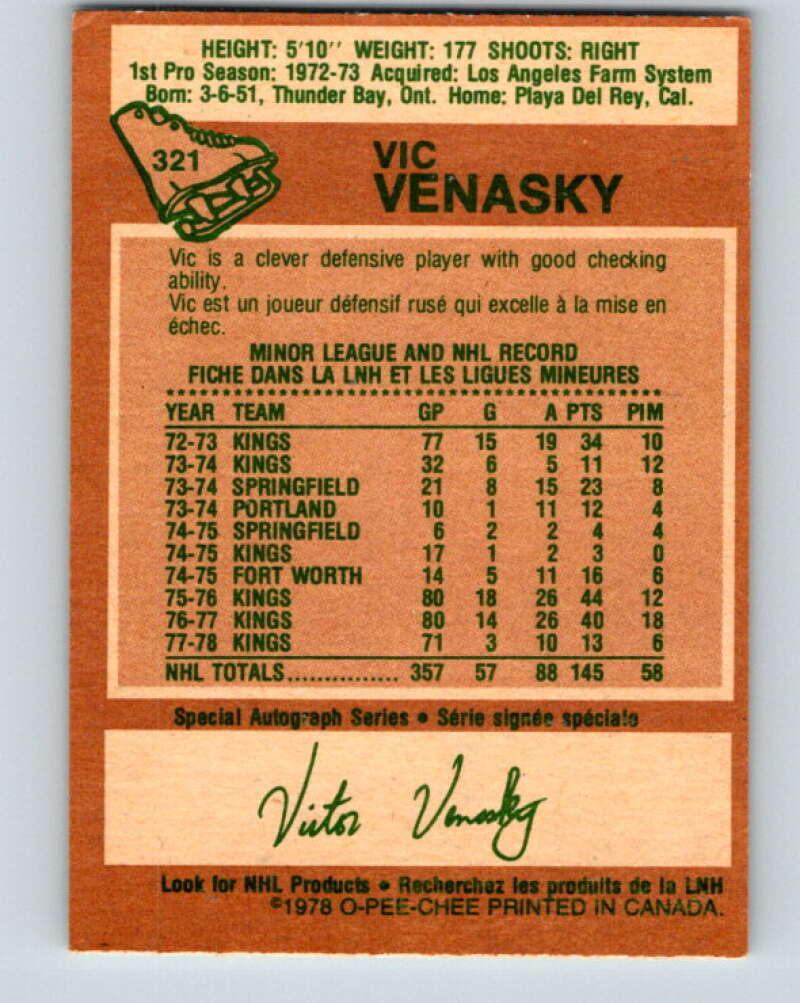 1978-79 O-Pee-Chee #321 Vic Venasky Los Angeles Kings V25379