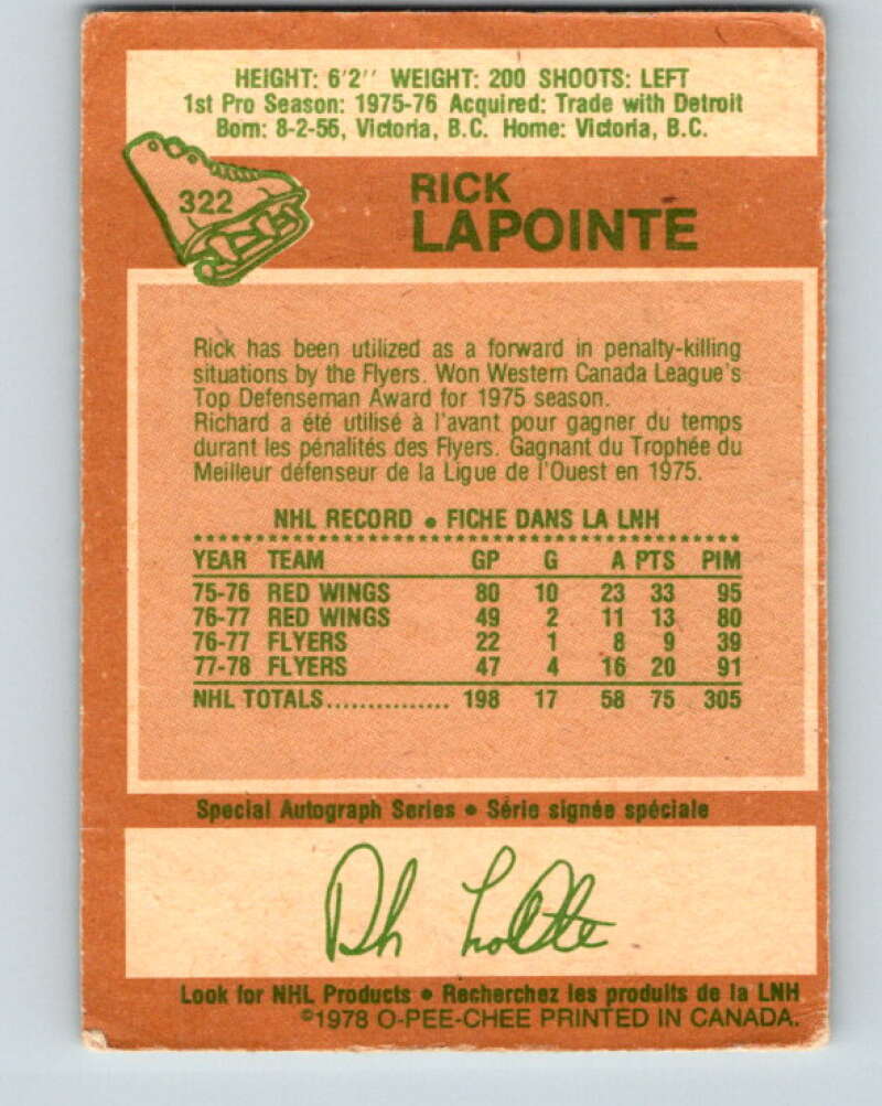 1978-79 O-Pee-Chee #322 Rick Lapointe Philadelphia Flyers V25382
