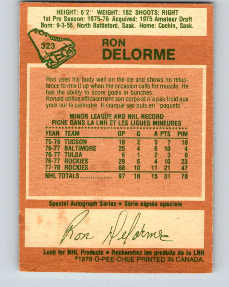 1978-79 O-Pee-Chee #323 Ron Delorme RC Rookie Rockies V25394