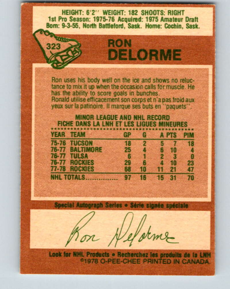 1978-79 O-Pee-Chee #323 Ron Delorme RC Rookie Rockies V25396