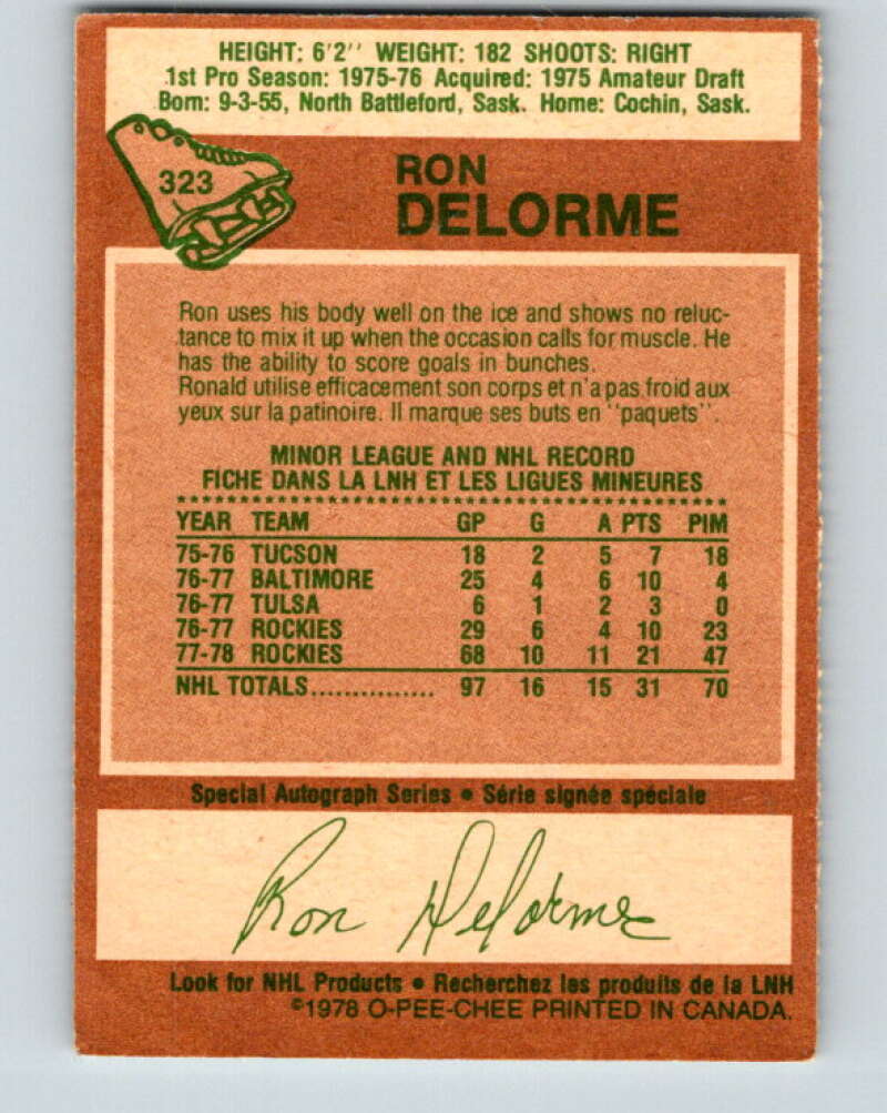 1978-79 O-Pee-Chee #323 Ron Delorme RC Rookie Rockies V25398