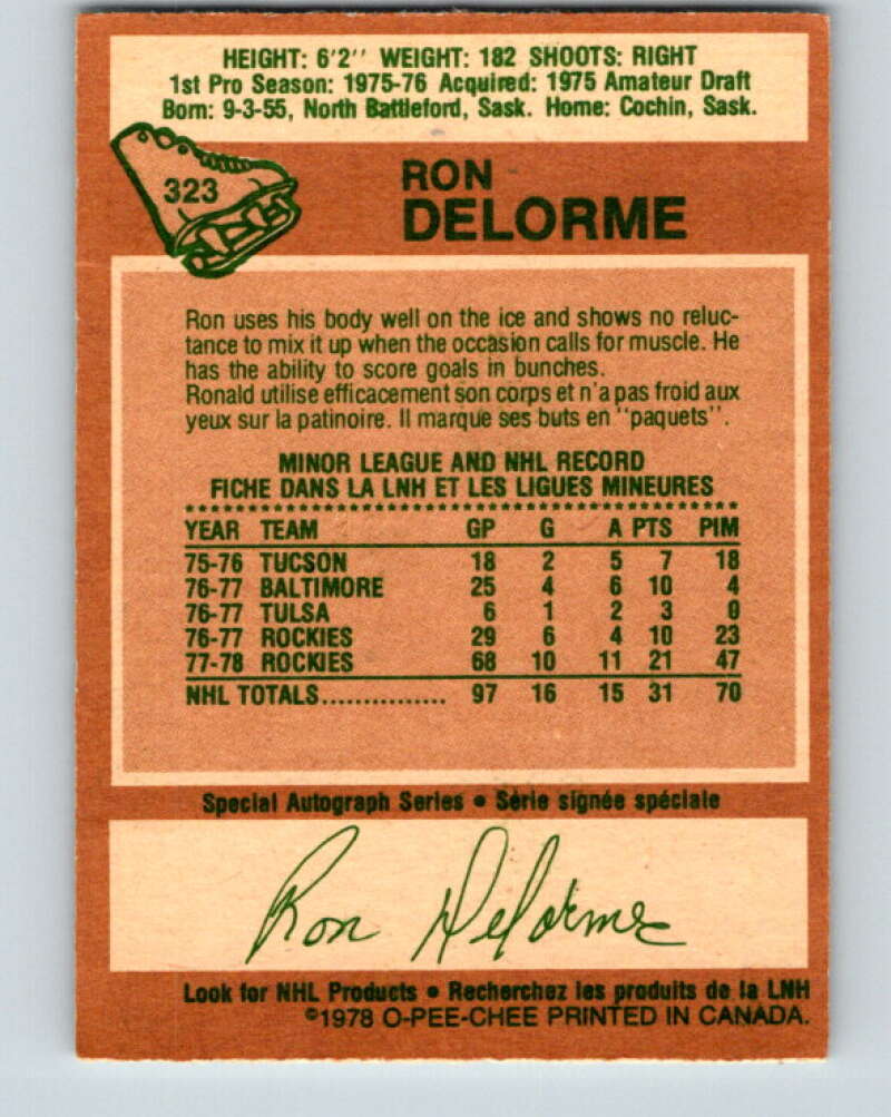 1978-79 O-Pee-Chee #323 Ron Delorme RC Rookie Rockies V25399