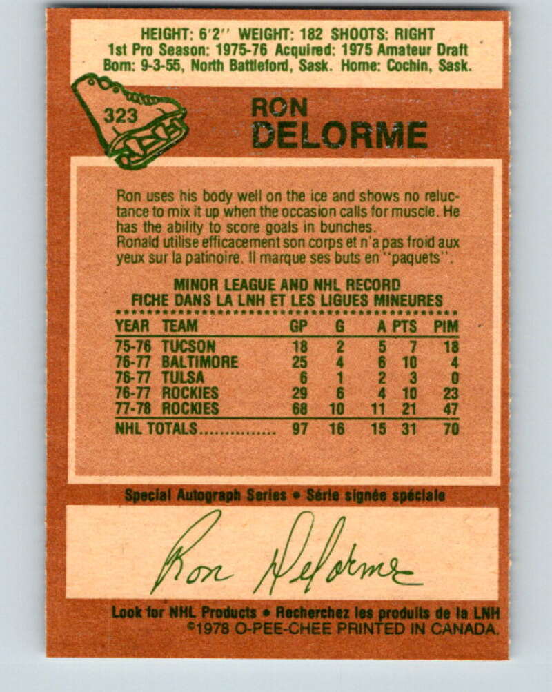 1978-79 O-Pee-Chee #323 Ron Delorme RC Rookie Rockies V25404